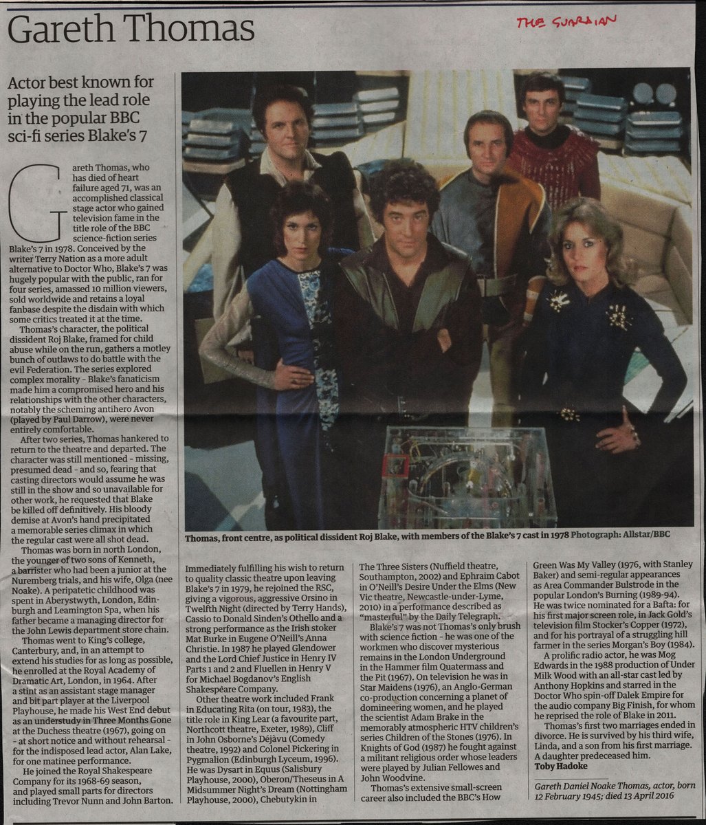 Ranaroth2's tweet photo. Gareth Thomas's obituary scanned from Daily Telegraph and Guardian. @blakes_7 @B7tweets @HorizonBlakes7 @blakes7bot #Blakes7 #GarethThomas #RojBlake https://t.co/cRCyjR4M8L