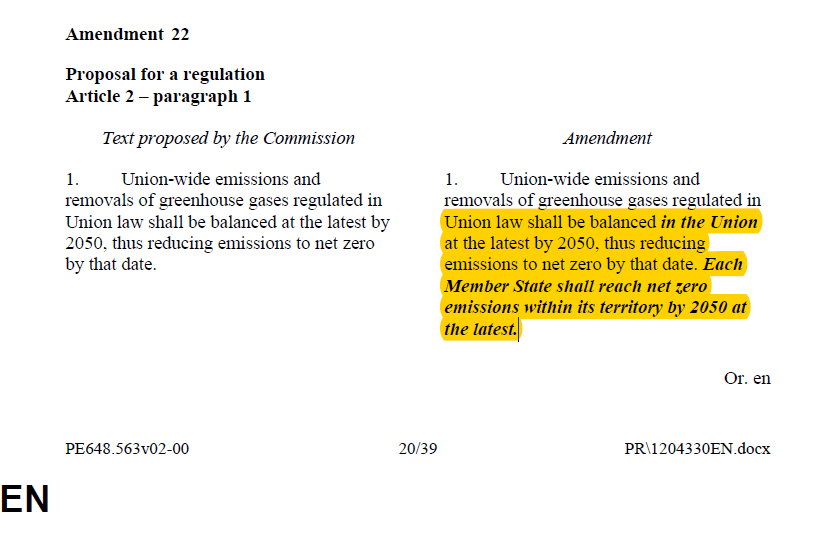 Fourthly, the draft includes interesting language on differentiation between Member States: All MS have to reach "national climate neutrality by 2050 at the latest". Also relevant: MS are required to reach climate neutrality "within its territory" --> no CDM-style offsets [4/n]