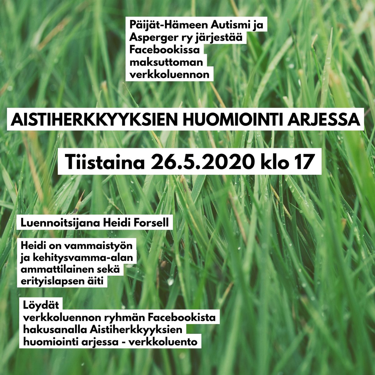 HeidiForsell1's tweet photo. Päijät-Hämeen Autismi ja Asperger ry järjestää maksuttoman verkkoluennon Facebookissa kaikille kiinnostuneille.
#autismiliitto #autismitietoisuus #autismi #autisminkirjo #aistit #aistiherkkyys #aistiyliherkkyys #sensorinenintegraatio #haastavakäyttäytyminen https://t.co/TBi8wcMbrG