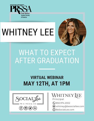 StocktonPRSSA's tweet photo. Join us May 12th on a Zoom meeting with Whitney Lee!
•
Webinar Zoom Link: https://t.co/Qfg4dCDTKG   
•
Zoom Password: 7jK7KL https://t.co/aA8wJb3L63
