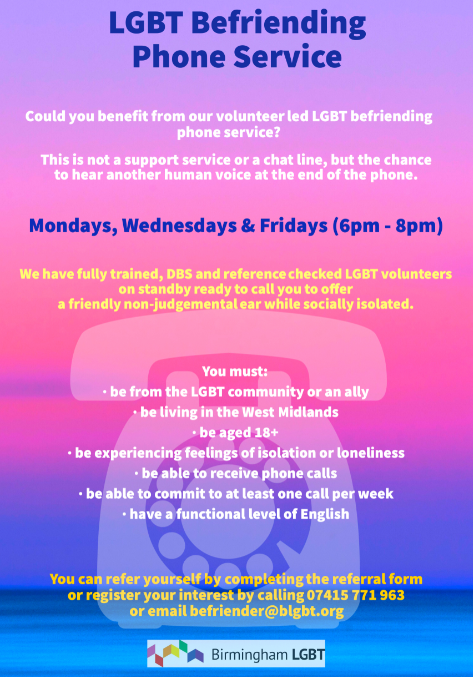 birminghamlgbt's tweet photo. Staying Connected Through Befriending. 
Please check out our blog  by Sian Finn our Volunteer Coordinator all about our new #befriending service. Keep you connected #Birmingham’s #LGBT #community #volunteering
https://t.co/HkkBpSHDO0 https://t.co/tXUvGYljre