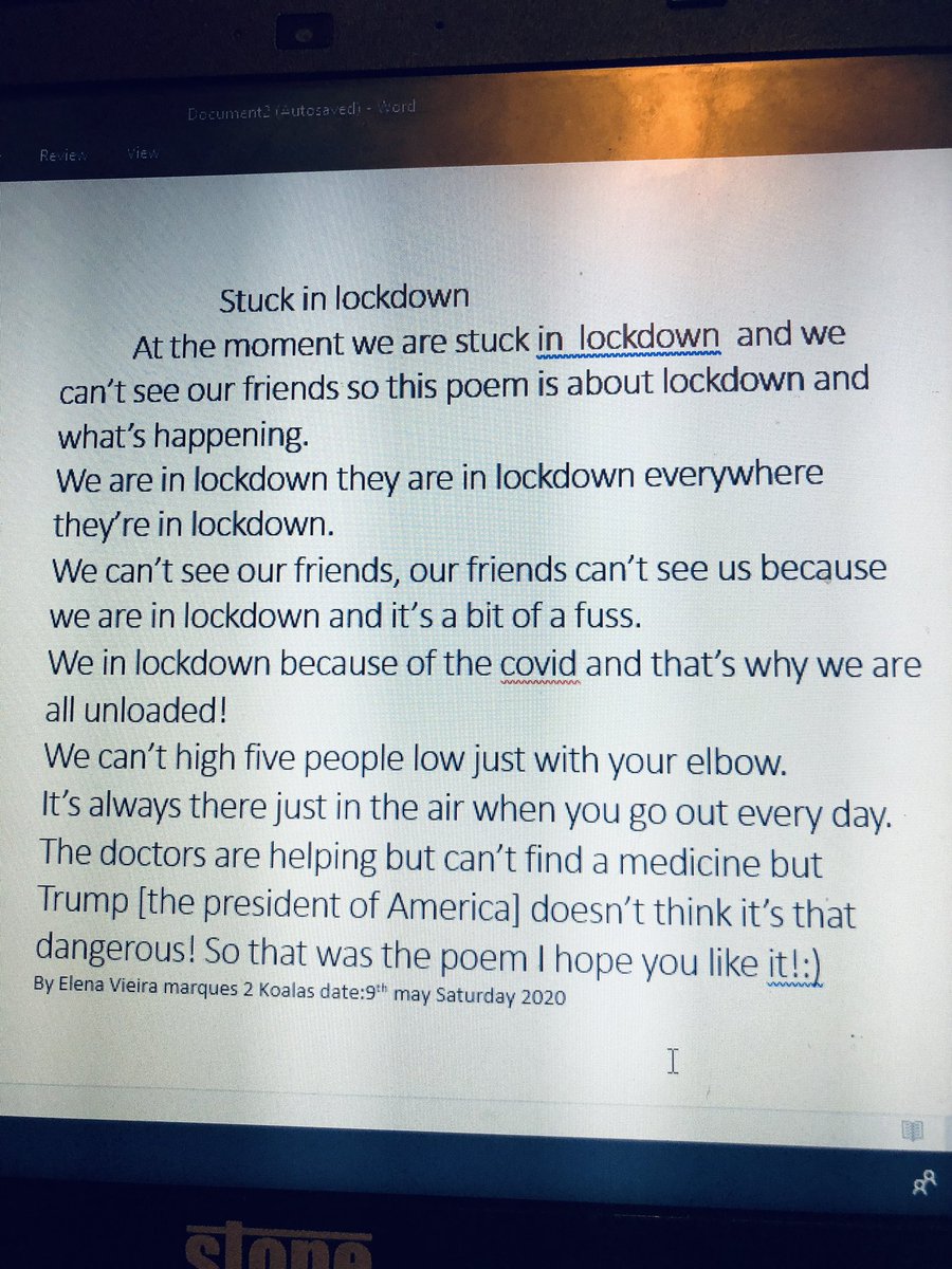 CassCV1's tweet photo. Daughter’s lockdown poem. I neglected children for a few days while finished an assignment. She sat by me and kept typing https://t.co/Y9KM601pvm
