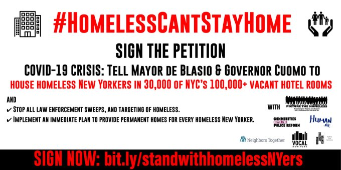 /11COVID-19 is a very dangerous infection, and homeless people face significantly heightened risks of severe and fatal illness.  @NYCMayor could provide 30,000 individual hotel rooms with individualized bathrooms to support the survival, safety and health of homeless folks.