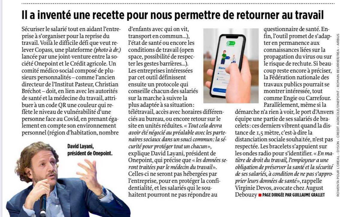 Sécuriser le salarié tout en aidant l'entreprise à s'organiser pour la reprise du travail. C'est l'objectif de la plateforme numérique #CoPass, comme l'explique <a href="/DavidLayani/">David Layani</a>, Président fondateur de <a href="/onepoint/">Onepoint</a> dans <a href="/LePoint/">Le Point</a>. #Deconfinement