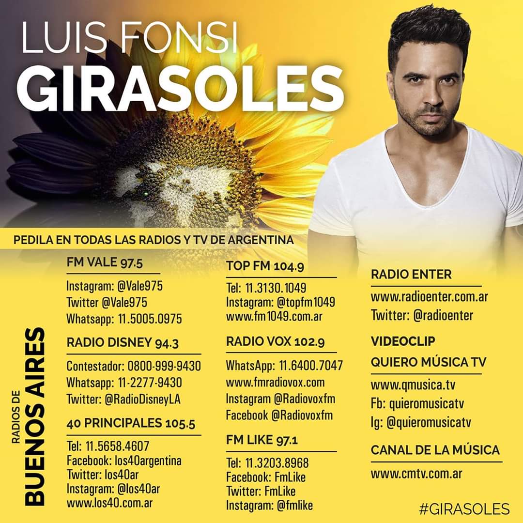 ¡HOY! No dejes de pedir y votar 🌻#Girasoles 🌻 lo nuevo de #LuisFonsi en todas las radios y canales musicales de Tv del país ▶️ Lista correspondiente a #BuenosAires
<a href="/Fonsisangels/">Fonsi's Angels Arg</a> 👼