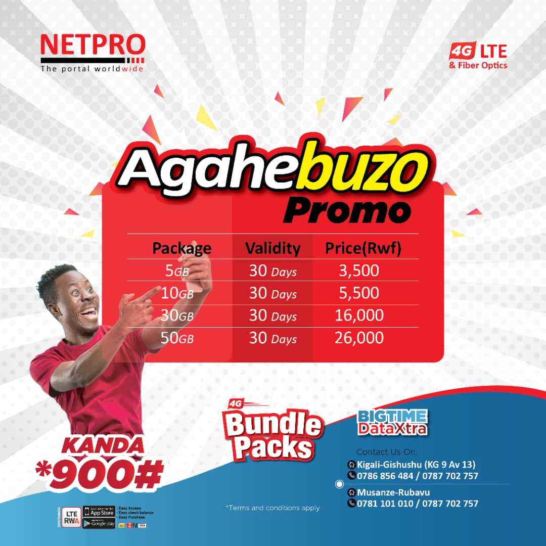 4gNetpro's tweet photo. Ni #AGAHEBUZO 
Gura ipaki za 4G internet yacu yihuta kurusha izindi. Ibiciro twabigabanije mu rwego rwo gukomeza kubaha services nziza kandi zizewe. 
Mushobora no kuduhamagara tukabagezaho services zacu aho mwaba muherereye
@_Toussaint_3
#StaySafe #WashYourHands
#SmileWithNetpro https://t.co/bR7ko5ktwP