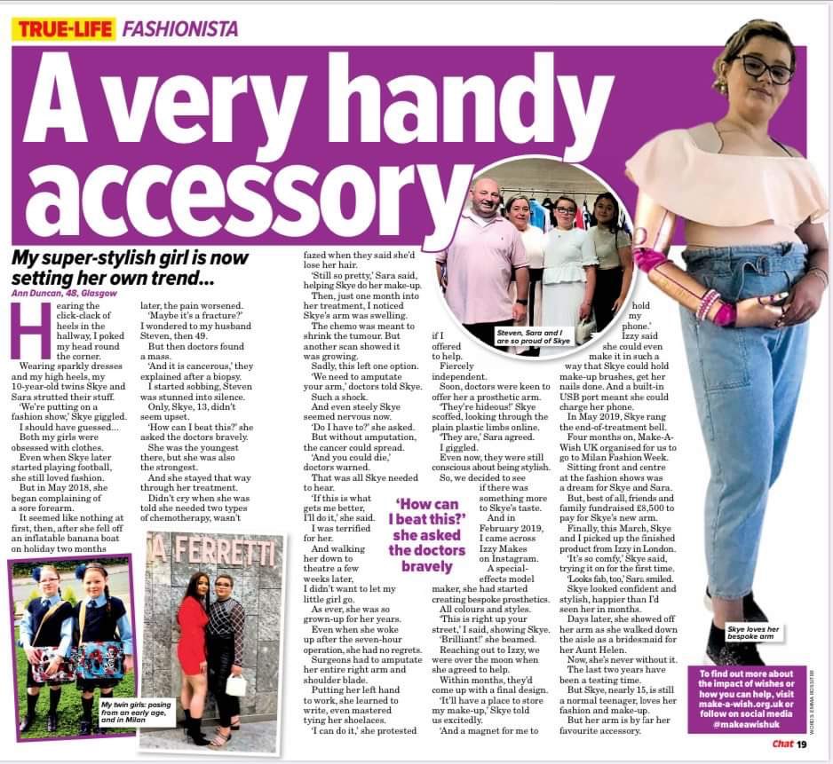 IzzyMcInnes's tweet photo. So happy to see this article in Chat Magazine about Skye’s prosthesis! Due to covid-19 we haven’t been able to arrange a proper photo shoot yet so it’s lovely to see that Skye is enjoying her new arm at home. 😊 Thank you so much to Ann and Skye for such a lovely mention! ❤️ https://t.co/k8NIc8K2rT