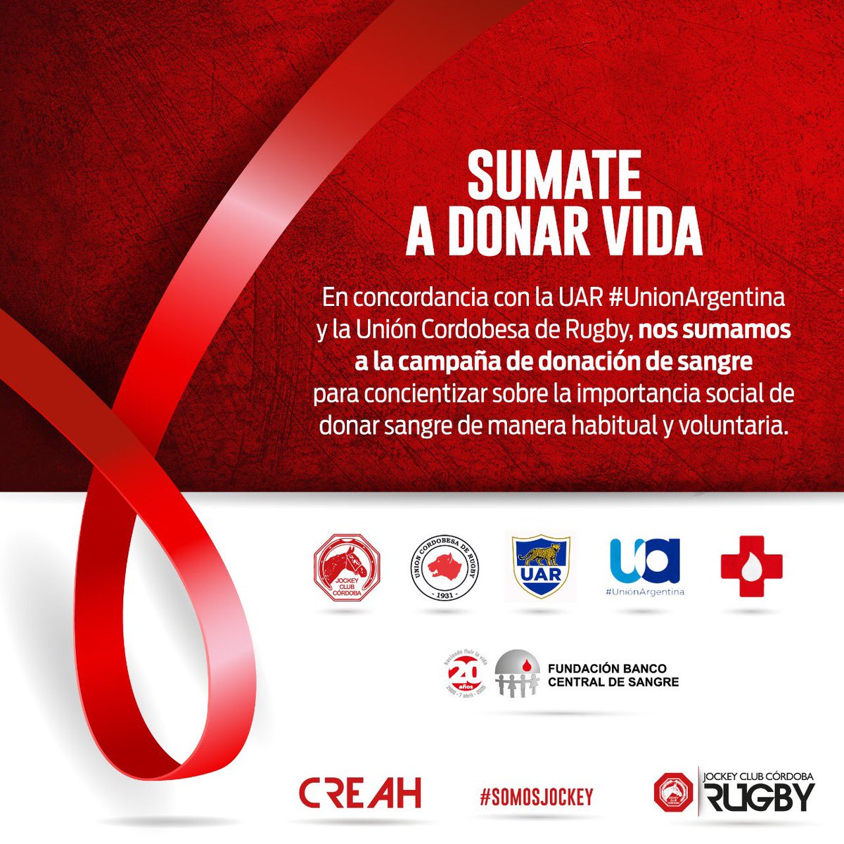 Donar sangre es dar vida ❤️
Te invitamos a participar de la campaña de donación voluntaria impulsada por la <a href="/unionargentina/">Unión Argentina de Rugby</a>. ¡El sistema sanitario necesita de tu colaboración! 🏥💪🏻🙌🏻

👉🏻 Inscribite en uar.com.ar/2020/04/20/don…

#SomosJockey
#DonacionDeSangre
