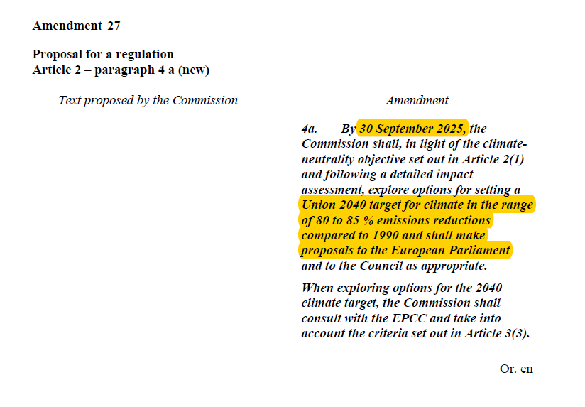 Sixthly, the draft calls for something that has hardly been discussed so far: A 2040 target that should be adopted in 2025 and in the range of 80-85%  #EUClimateLaw [6/n]
