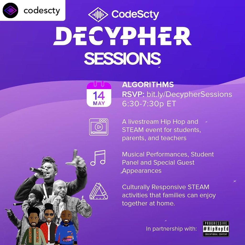 D_R_Smart's tweet image. Posted @withregram • @codescty HAVE YOU RSVP’d for the #DECYPHERSESSIONS ?? 🤓
In partnership with @csforallnyc, @hiphoped, & @hispanicheritage, #CodeScty “Decypher Sessions”, a live stream #educational #HipHop event for students in grades 6-10 and their parents and teachers