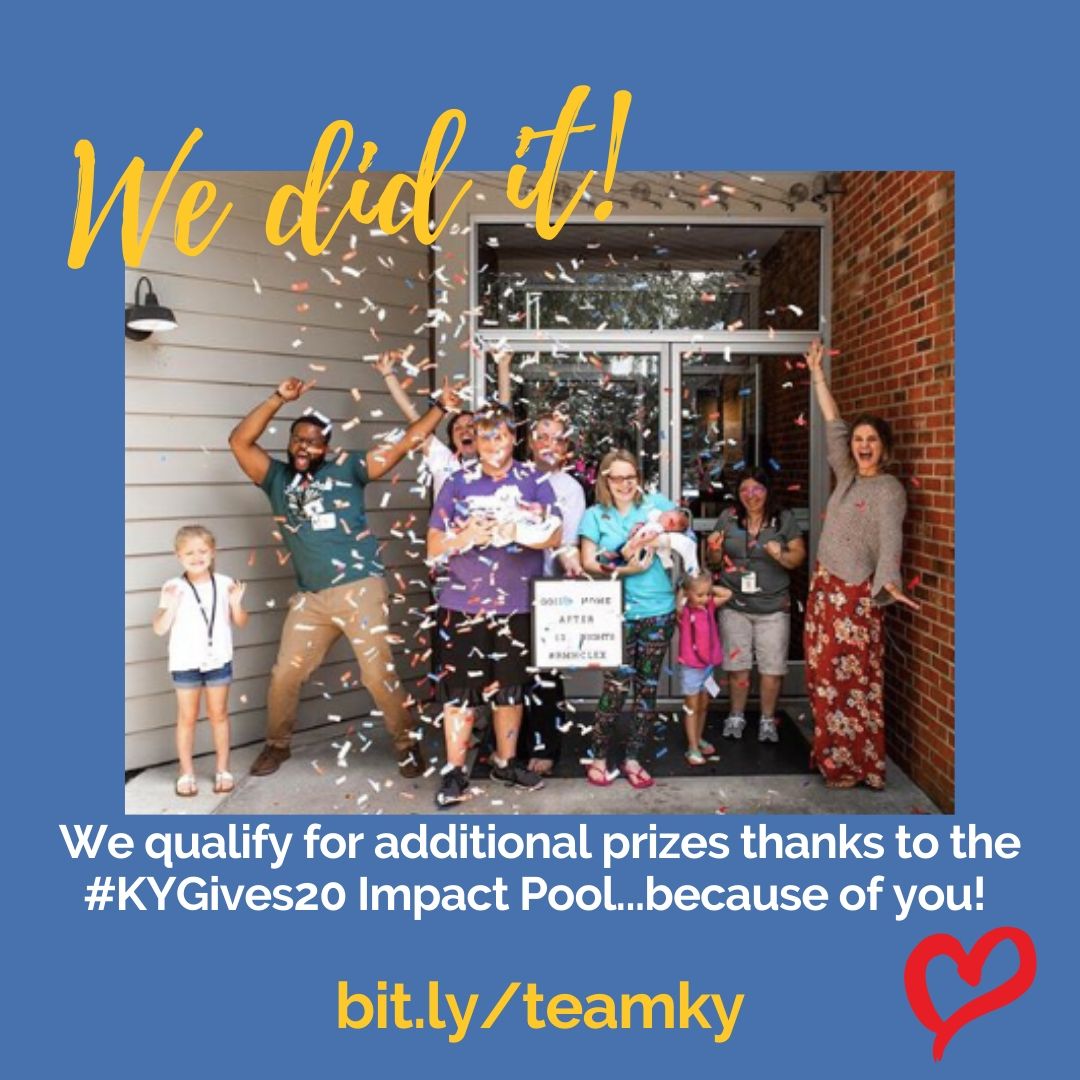 We did it! We officially qualify for additional $ from the #KYGives20 Impact Pool thanks to your generosity! We LOVE TEAM KENTUCKY. Thank you &lt;3 Still a long way to go but what a great day already! #teamky bit.ly/teamky