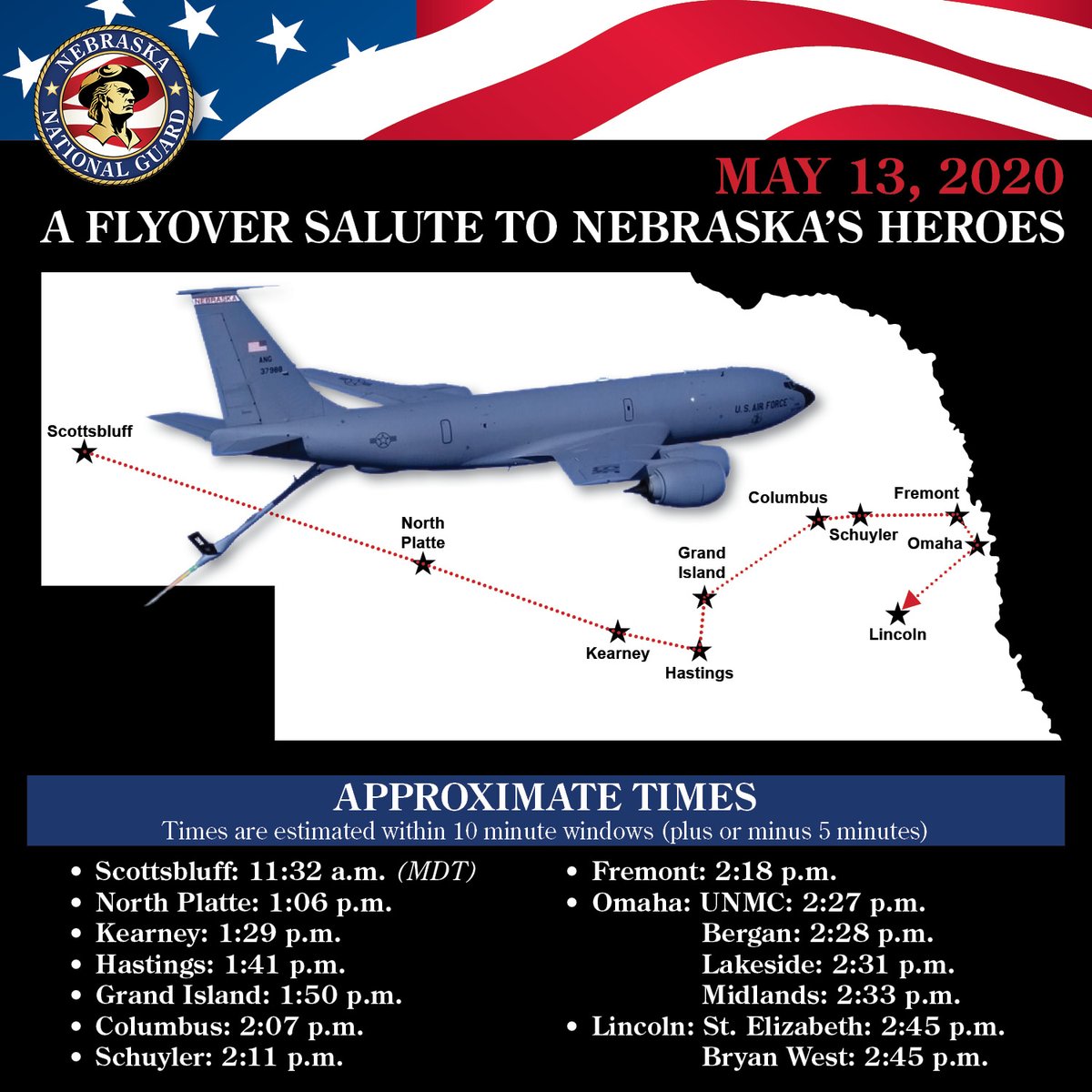 The #NEGuard plans a flyover salute to healthcare professionals and all Nebraskans responding to the #COVID19 pandemic. Planned for Wed., May 13, the flight will visit 14 Nebraska hospitals spanning nearly the entirety of the state. #AmericaStrong #AirForceSalutes  #AFFlyover