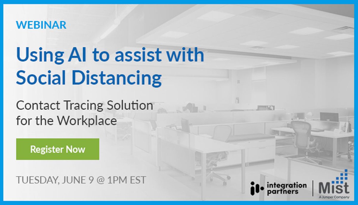 intgrtionprtnrs's tweet photo. [Webinar] Using #AI to Assist with #Socialdistancing and #ContactTracing Click link to RSVP https://t.co/bDQHt9Bu4T #mistwireless #junipernetworks https://t.co/kDrsr4duf8