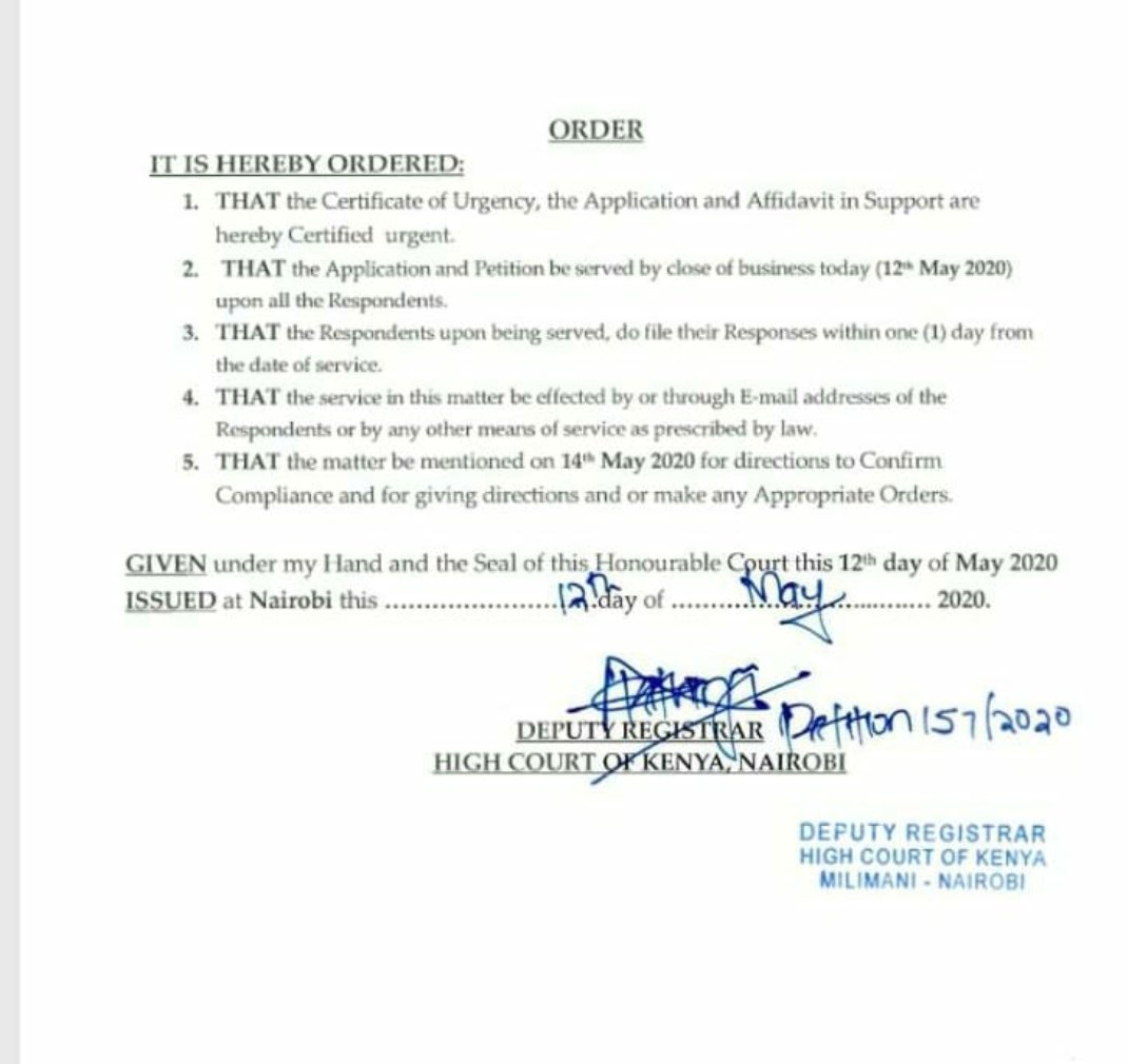 OleItumbi's tweet photo. High Court certified as Urgent, case filed by @kipmurkomen and @susankihika on their ILLEGAL removal. Case to be heard on Thursday https://t.co/ENePFYgrwz