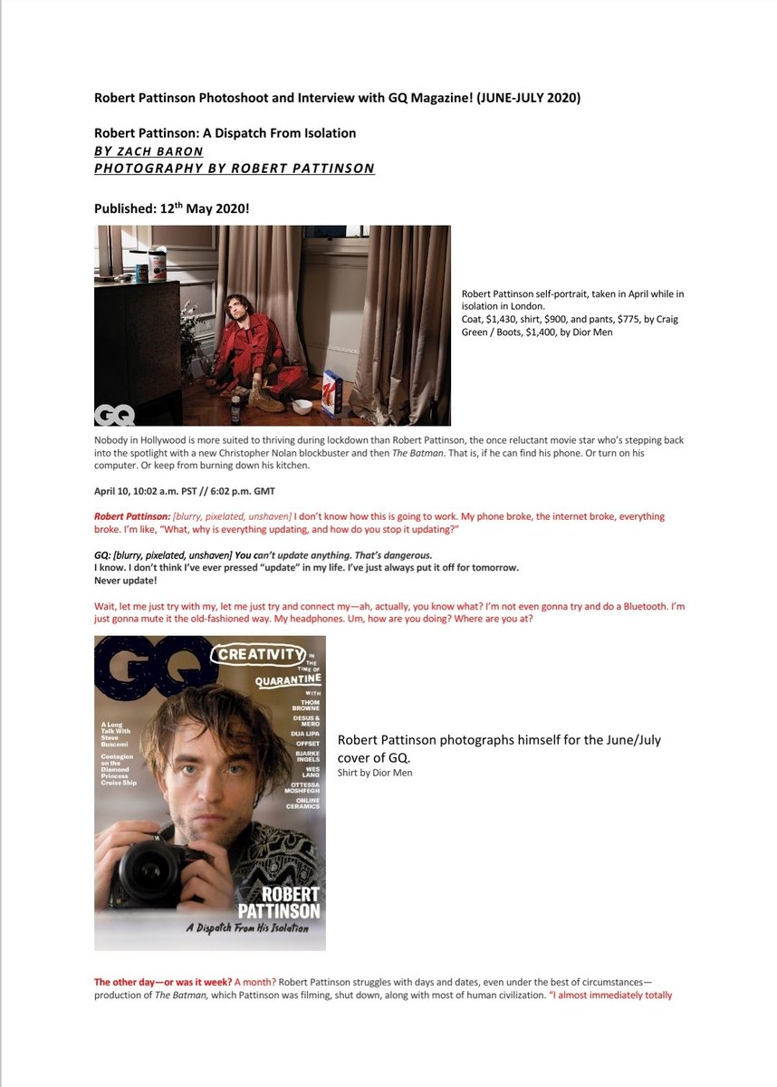 Robert Pattinson talks to  @GQMagazine (June-July 2020) #RobertPattinson  #GQ Interview: 10 Pages 1/3