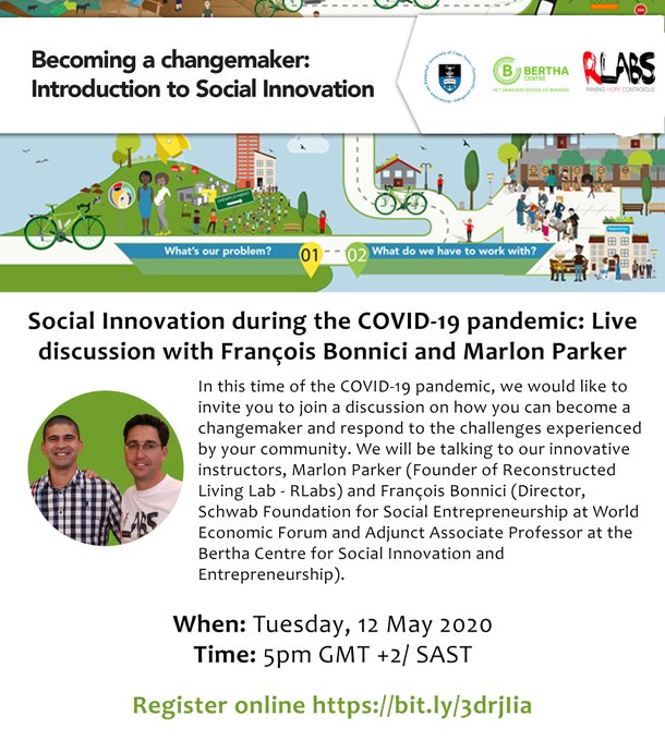 CILT_UCT's tweet photo. Happening right now - #MOOC learners joining the @BerthaCentre  @RLabs live event for the Becoming a Changemaker MOOC. Discussions about #covid19 impact on social innovations in context. @UCT_news https://t.co/QrENILB5WE