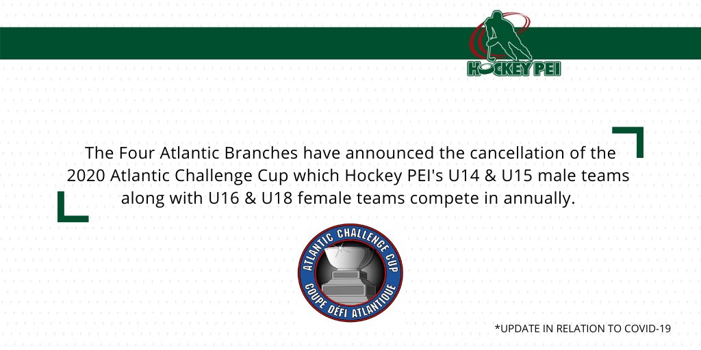 HockeyPEI's tweet photo. NEWS: The 2020 edition of the Atlantic Challenge Cup has been cancelled.

Full details: https://t.co/grPTNAdjGd

#HockeyPEI | #ACC https://t.co/DW2HGYlSAx
