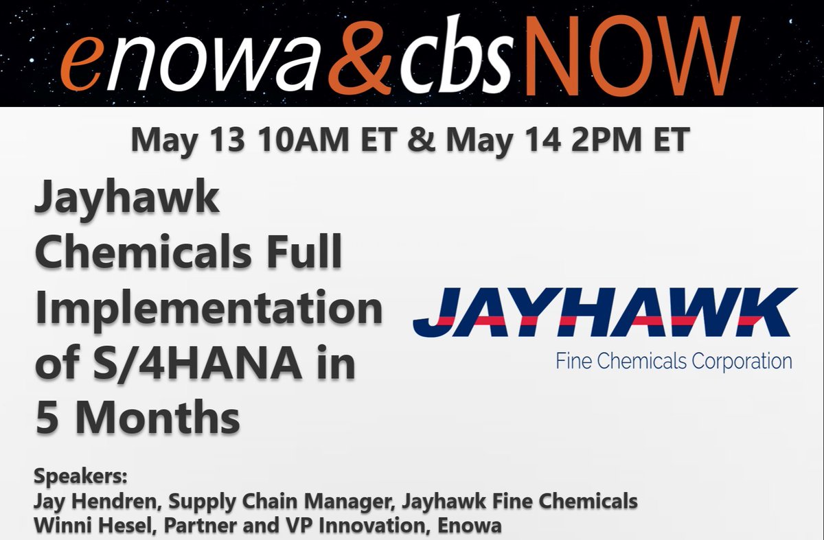 SyskoplanReply's tweet photo. Learn how Jayhawk Fine #Chemicals mastered #greenfield implementation from complex and custom legacy ECC6.0 to best practice #SAP #S4HANA in 5 month tomorrow &amp; Thurs. Space is limited. Register NOW: https://t.co/c8tMIxELNg #enowacbsNOW @cbs_resound https://t.co/ugaYV32nPH