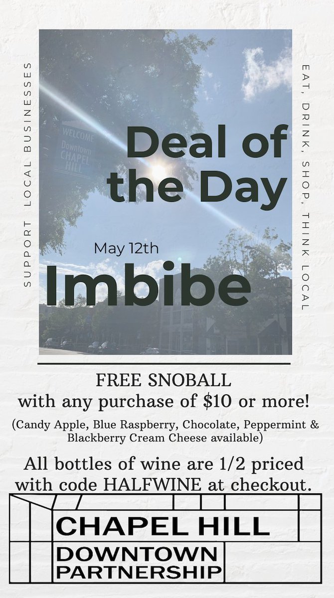 DCHP_ChapelHill's tweet photo. You asked, we listened. Here's a Deal of the Day from Imbibe!

Get a FREE SnoBall today w/ any purchase of $10 or more.

As always, bottles of wine are 1/2 off with HALFWINE at checkout.

Visit https://t.co/u27D3BBFql to order New Orleans-style food made fresh in NC with love! https://t.co/oG3PioN8YU