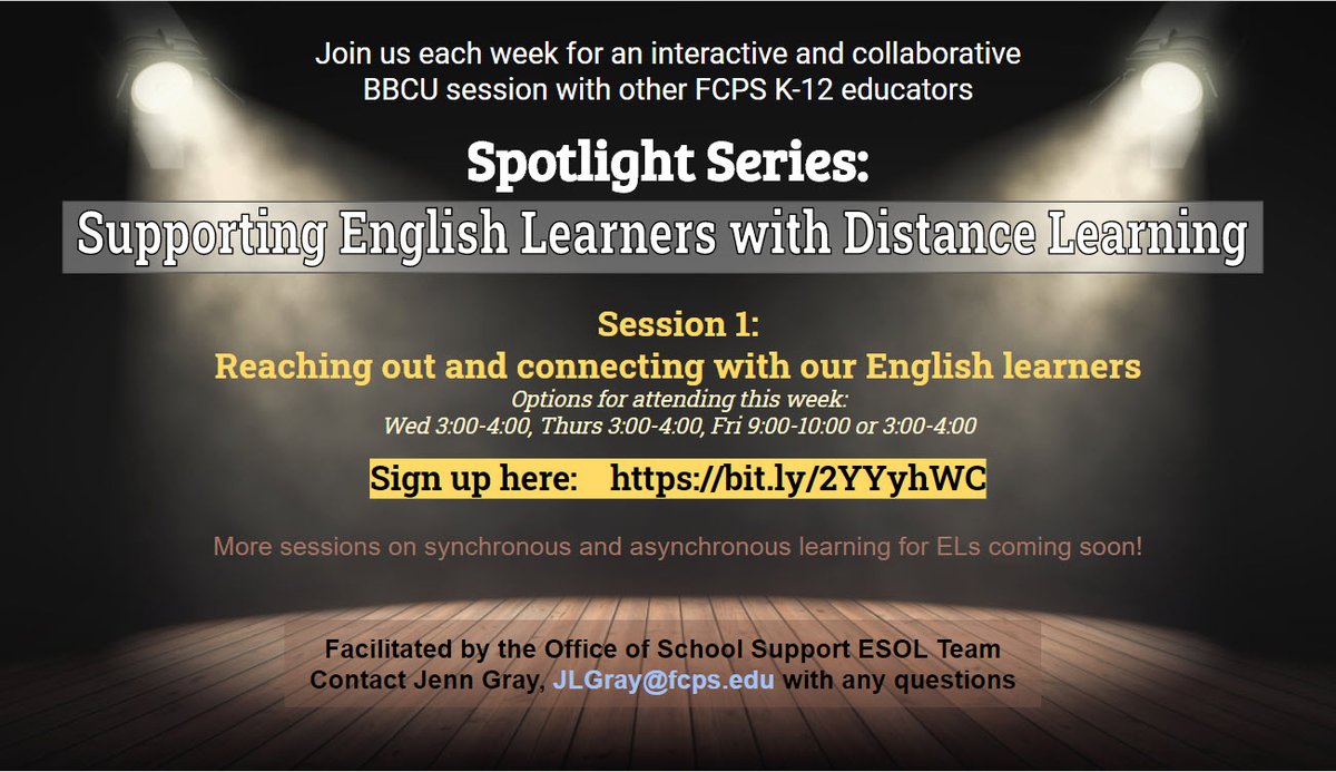Hi FCPS Educators!
You are invited you to join our Spotlight Series: Supporting English Learners with Distance Learning!  This week's interactive session focuses on reaching out and connecting with ELs.  Hope to see you there! :)

Use this link to sign up: bit.ly/2YYyhWC