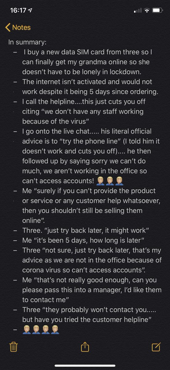 LewisWildridge's tweet photo. What an absolute shambles from @ThreeUK 🤦🏼‍♂️

Would NOT recommend ever joining these, unless you enjoy banging your head against a wall with the customer service!!

Note to companies - the Virus isn’t an excuse for shit customer service 🤦🏼‍♂️ https://t.co/POYkfkmvkj