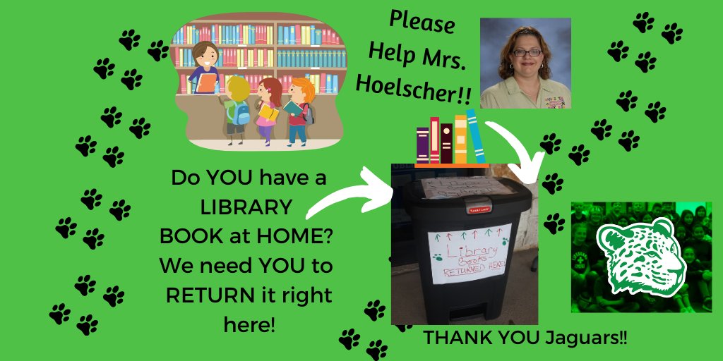 JeffersonTISD's tweet photo. Make sure you get your library books in! Mrs. Hoelscher needs them! Make sure you tune in to Jaguar Tales at 1pm every week day to listen to a new story! Thanks to Scholastic for allowing us to read to you with their books & stories! #JeffersonJaguars #TISDLIB #Scholastic https://t.co/50T8LWvyfN