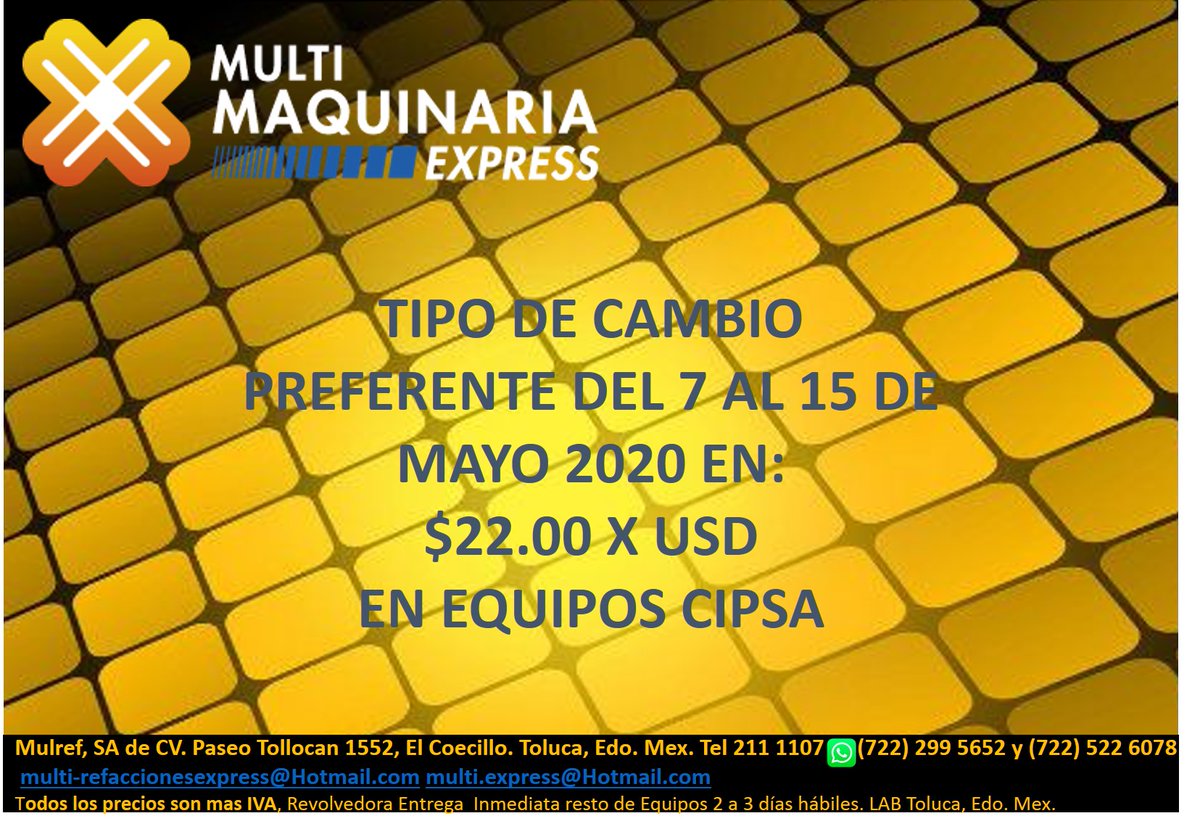 MULTIREFACCION's tweet photo. Estimado Cliente le presentamos nuestra Promoción del mes de Mayo 2020 Venta de Equipo Nuevo #PromoMayo2020 - https://t.co/xLGBQA4UGE  #MultiMaquinaria #EquipandoConstructores (722) 211 1107 (722) 2995652 (722)522 6078 https://t.co/0zdnw3OIr1