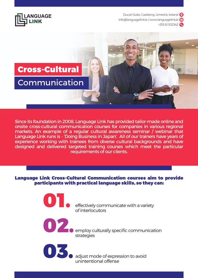 TheLinkLimerick's tweet photo. We are currently running a new 'Cross-Cultural Communication' course. All our courses can be taken online as individual training courses or group workshops / webinars. For more details - https://t.co/oRXtIVbKU0 or contact us at: info@languagelink.ie https://t.co/ZGoPKVIwVt