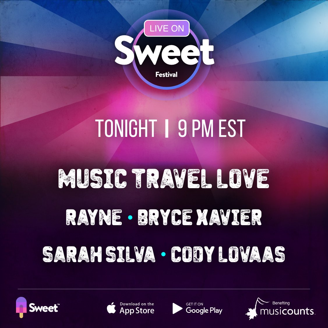 sweet's tweet photo. TONIGHT! The Live on Sweet Fest returns at 9PM EST featuring:

@MTLVids @raynemusic_ @BRYCEXAVIER @SarahSilva &amp; @CodyLovaas 

https://t.co/4mr8w9BIS3 https://t.co/tclECJhKGM