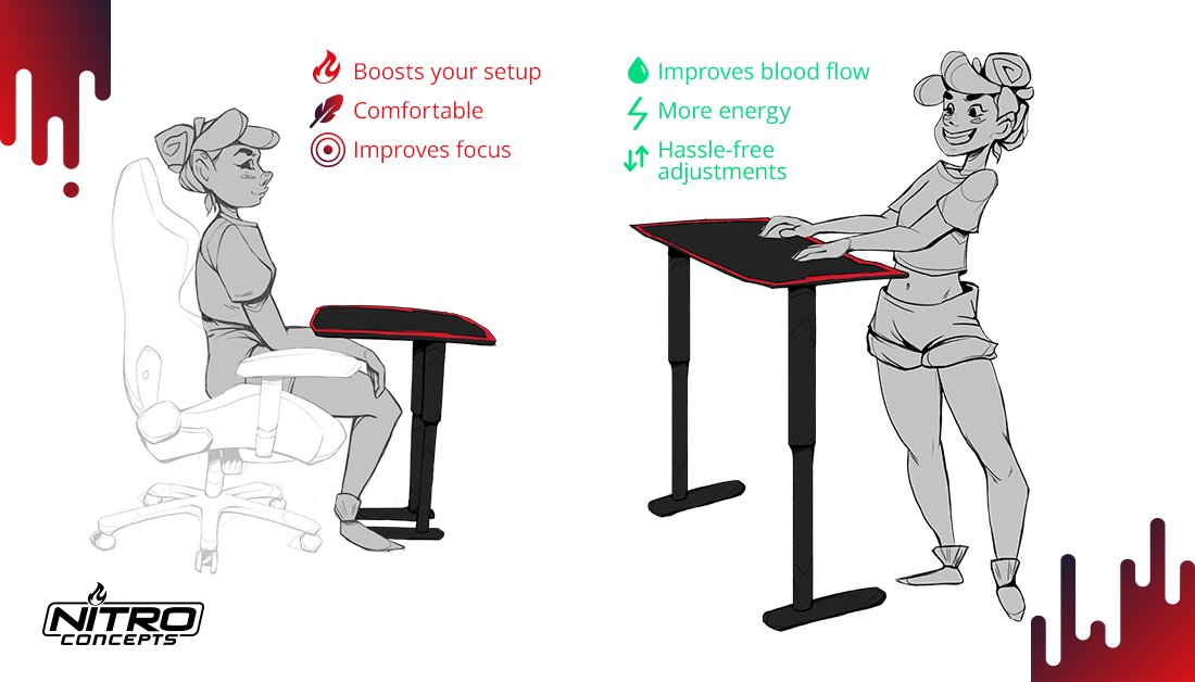 Nitro Concepts If You Re Spending A Lot Of Time At Your Desk You Should Take Care Of Your Back And Blood Flow Our D16e Allows You To Adjust The Height