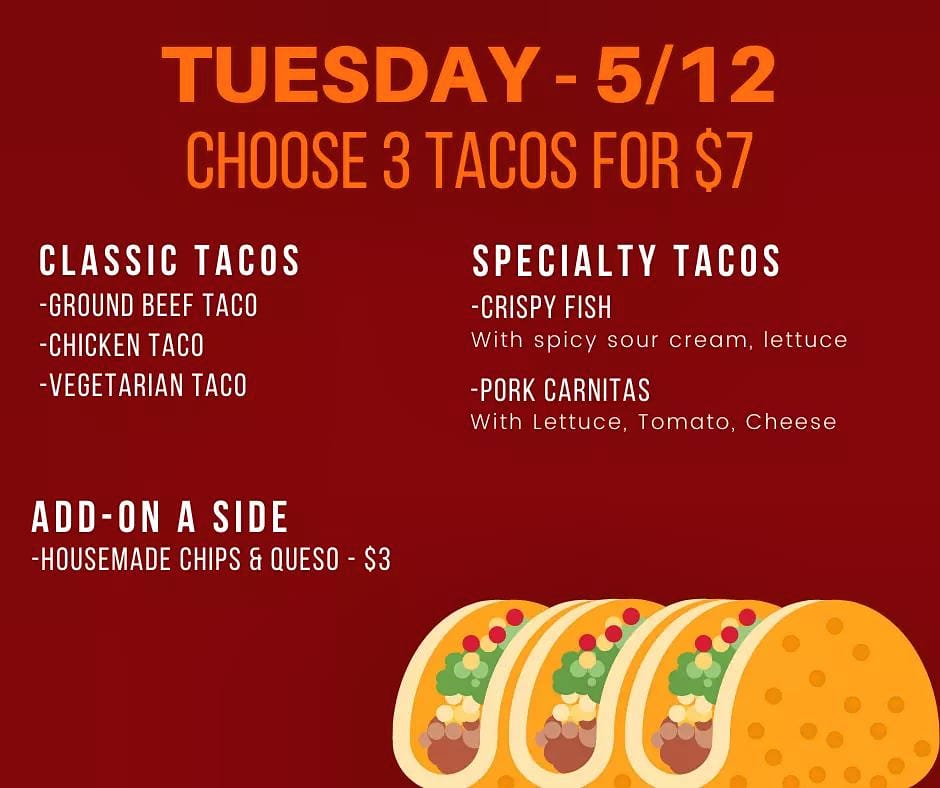 KillabrewSaloon's tweet photo. Taco Tuesday Specials! 🌮 Check out our new tacos for today!

-Today, we will also have wings on special again - 20 wings for $15.95!

Takeout/Curbside Hours: 2-8pm
Delivery Available from 3-7pm https://t.co/2f0ZGrQgiC