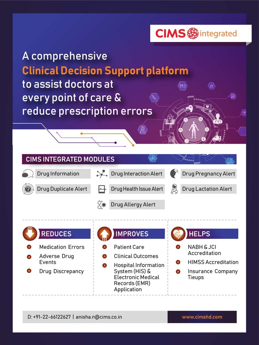 CIMS_Medica's tweet photo. CIMS is a multi-channel provider of drug information, drug database, clinical decision support, medical education and services connecting healthcare communities.
E: anisha.n@cims.co.in
#CIMS #digitalhealth #clinicaldecisionsupport #clinicalresearch #Drugdatabase #MIMS #EMR #HIS https://t.co/MWe5jMSg5k