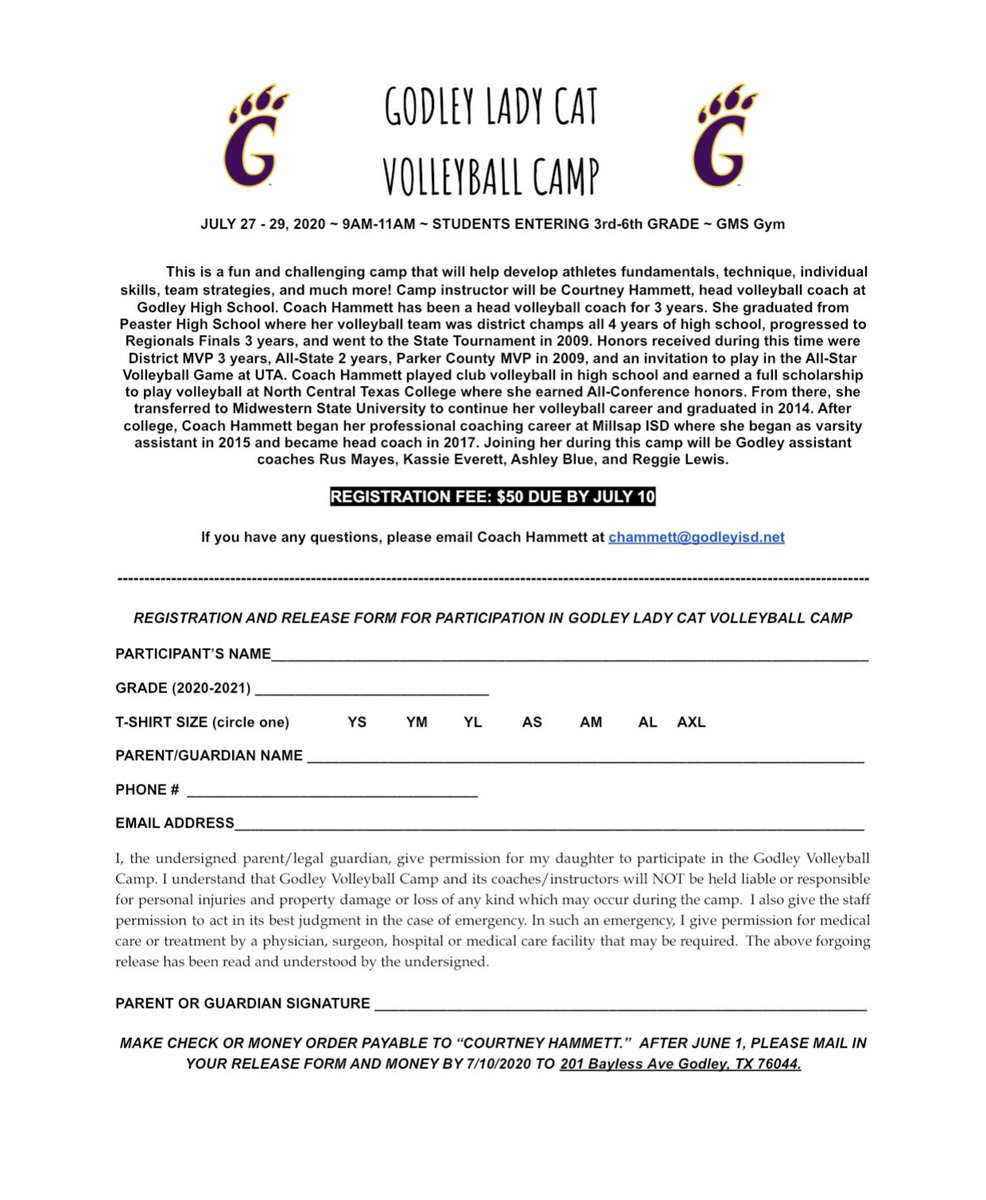 GodleyVball's tweet photo. 🐾GODLEY VOLLEYBALL CAMP FORM
STUDENTS ENTERING 3RD-6TH GRADE

JULY 27 - 29, 2020

 9AM TO 11AM 

GMS GYM, $50 DUE BY JULY 10TH

If you have any questions, please email Coach Hammett at chammett@godleyisd.net https://t.co/A4daUVm0va