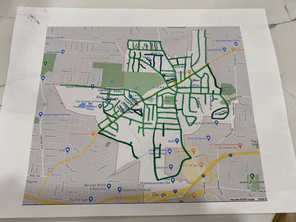 Tommy_G's tweet photo. At some point in the last 8+ weeks, the boys & I decided to try and walk every street in Pleasant Ridge during quarantine. Today we crossed off the last two streets! Countless morning walks, many laughs & a few stumbles later. #missionaccomplished #LowercaseG #SullyG #PRidge https://t.co/oCkJxASCCw