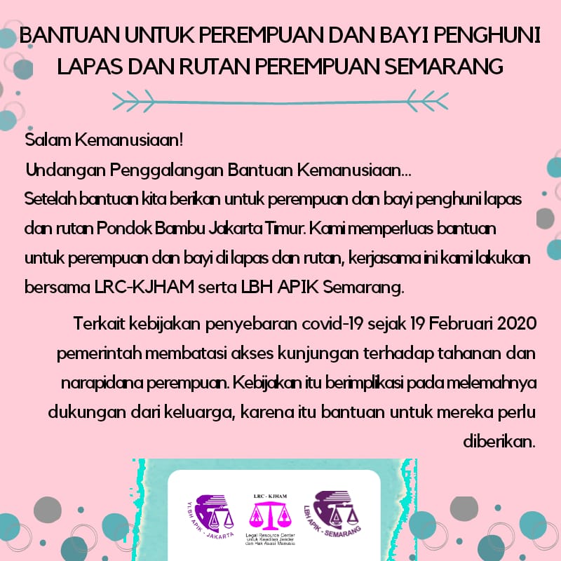 LBHAPIK's tweet photo. LBH APIK Jakarta memperluas penggalangan dana dan bekerja sama dengan @LRCKJHAM dan LBH APIK Semarang untuk membantu perempuan dan bayi penghuni Lapas Perempuan Semarang. Saat ini ada 281 penghuni dewasa, 2 bayi, dan 3 ibu hamil. https://t.co/SKZlgZHEWk