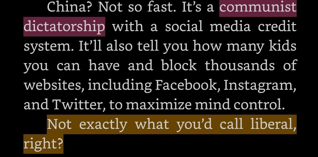 China is communist in name only, but do I expect from someone who wrote earlier in the book that nazi's were socialist.  #DontBurnThisBook