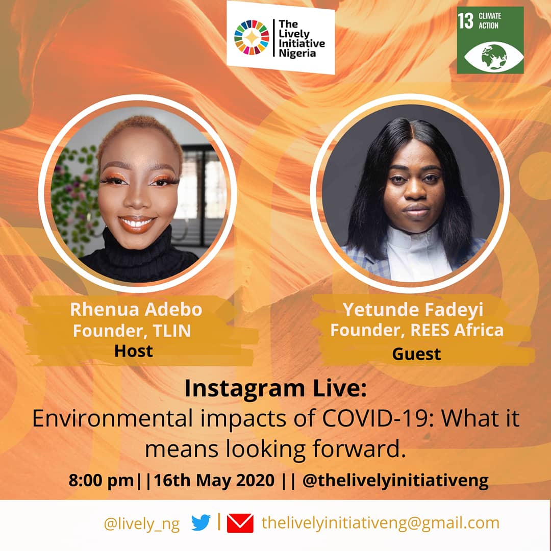 lively_ng's tweet photo. We will having a discussion on #environmentalhealth and #climateaction as it affects everything and everyone.
Join us as Yetunde Fadeyi, founder of @reesafrica discusses the environmental impact of #COVID19 this Saturday by 8pm.
Let's learn together.
#TLINtalks #sustainability https://t.co/xV1lSav0kx