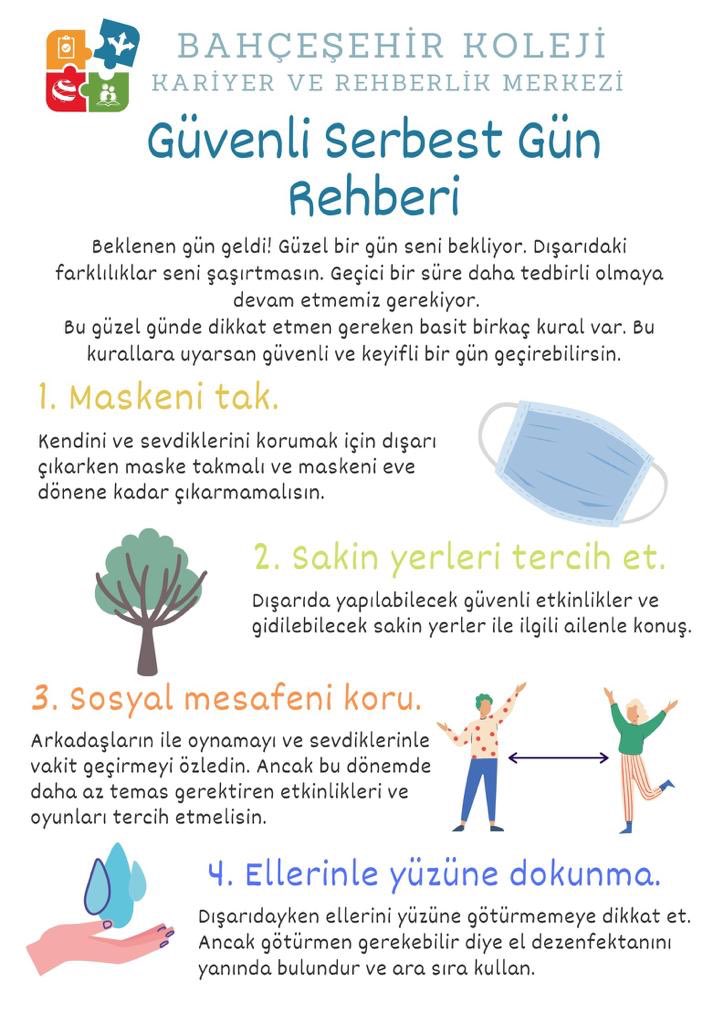 13 Mayıs Çarşamba günü uzun bir aradan sonra çocuklarımız dışarı çıkacaklar. 🎉😊
Serbest günü güvenli kılmak ve çocuklarımızın değişikliklere uyum sağlamasına destek olmak amacıyla PDR birimimiz bazı önemli noktalara dikkat çekiyor. #bahçeşehirkoleji #KAREM
👇🏻