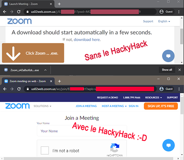 Pour forcer l'accès à une réunion Zoom depuis un navigateur, sans installer le client lourd, il faut construire l'url suivante :
https://[serveur zoom].zoom.us/wc/join/[identifiant de réunion]?pwd=[mot de passe]

Exemple :  fr99web.zoom.us/wc/join/123456…

cc <a href="/OSSIRFrance/">OSSIR France</a> 👍