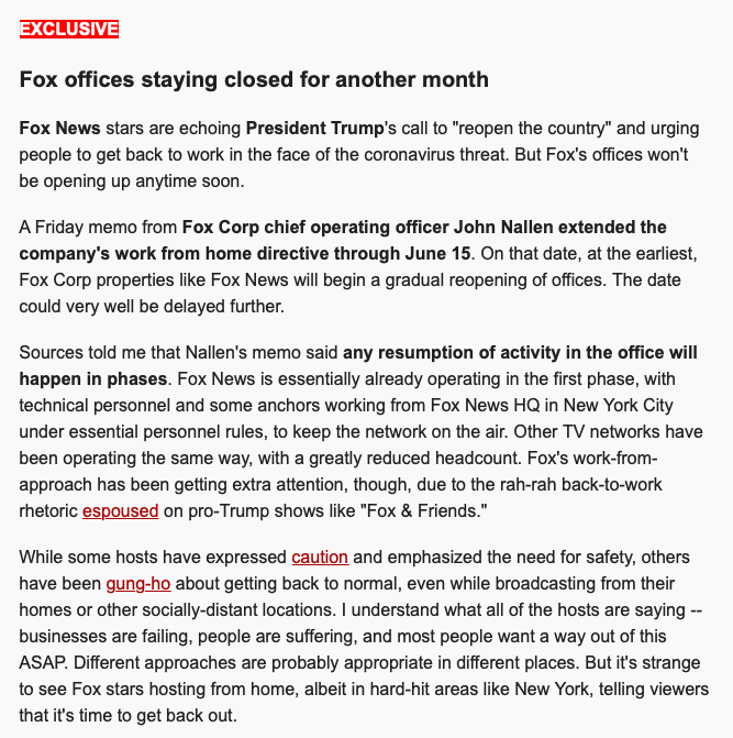 Watch what they do, not what they say  https://view.newsletters.cnn.com/messages/158925502353596187ee13d94/raw?utm_term=158925502353596187ee13d94&utm_source=Reliable+Sources+-+May+11%2C+2020&utm_medium=email&utm_campaign=205758_1589255023538&bt_ee=dOnrVSSqkUZw1QVie5Tku0c0K4K3vm6cGrn9%2BUHM8jLKcnA9zch%2BvcJkhbnEZOUA&bt_ts=1589255023538