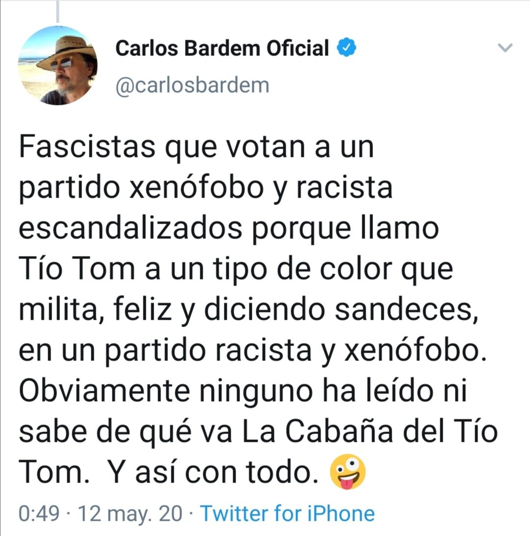 Aquí Bardem equiparándome con un esclavo. Después, llama “xenófobo” a VOX.

Señor Bardem, el xenófobo es usted, que camufla su racismo con paternalismo. 

Si busca superioridad moral, empiece en casa preguntando a su hermano si ya ha pagado los 150.000€ que debe a Hacienda