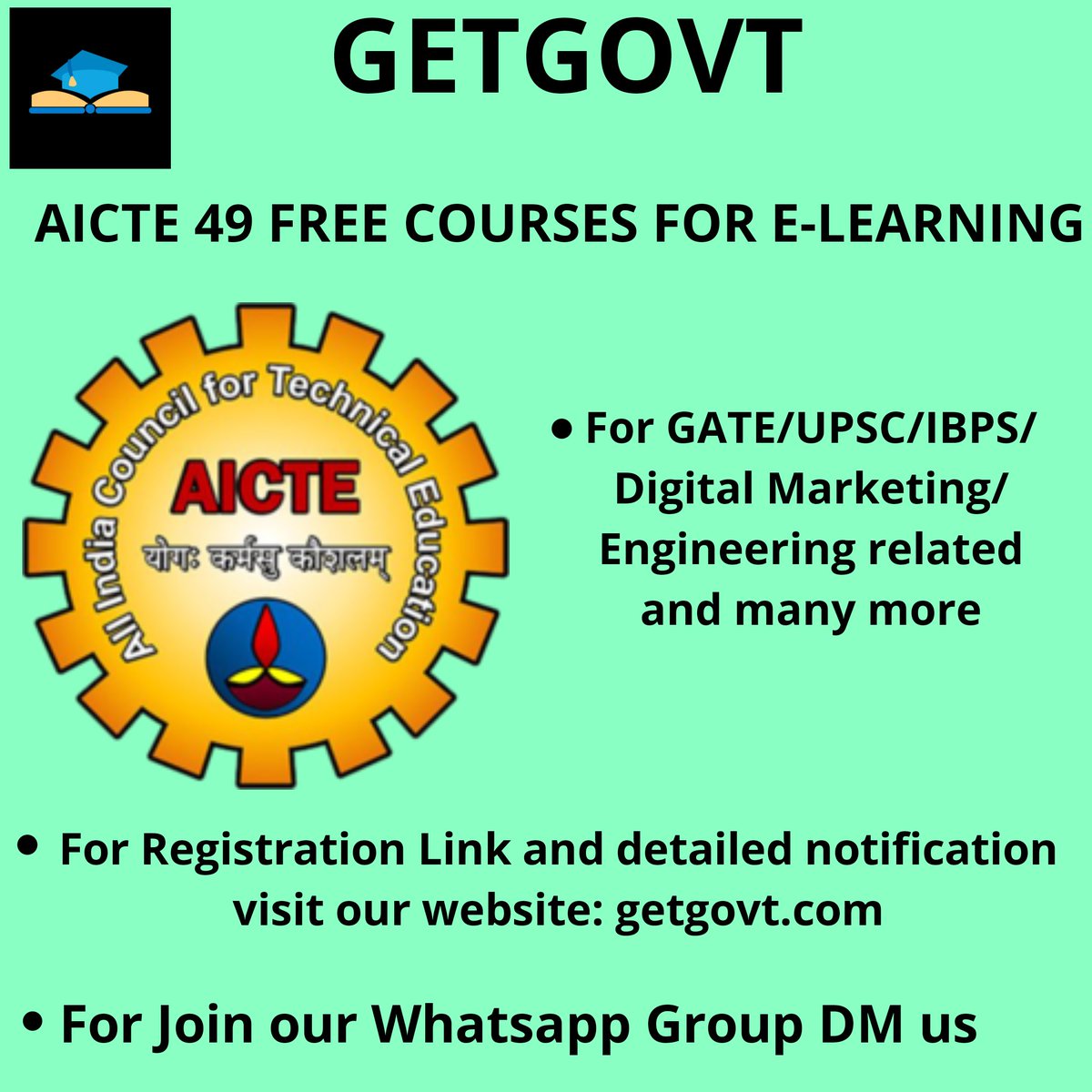 GovtGet's tweet photo. AICTE 49 FREE COURSES FOR E-LEARNING

For Registration link and detailed notification click here: https://t.co/D6ApYWGLBg

Join our Whatsapp group: https://t.co/EdMyyffFnI

#aicte #freecourses #Covid_19 #CoronaWarriors #CoronaUpdatesInIndia #CoronaVirusUpdate https://t.co/hGeHoTO9m5