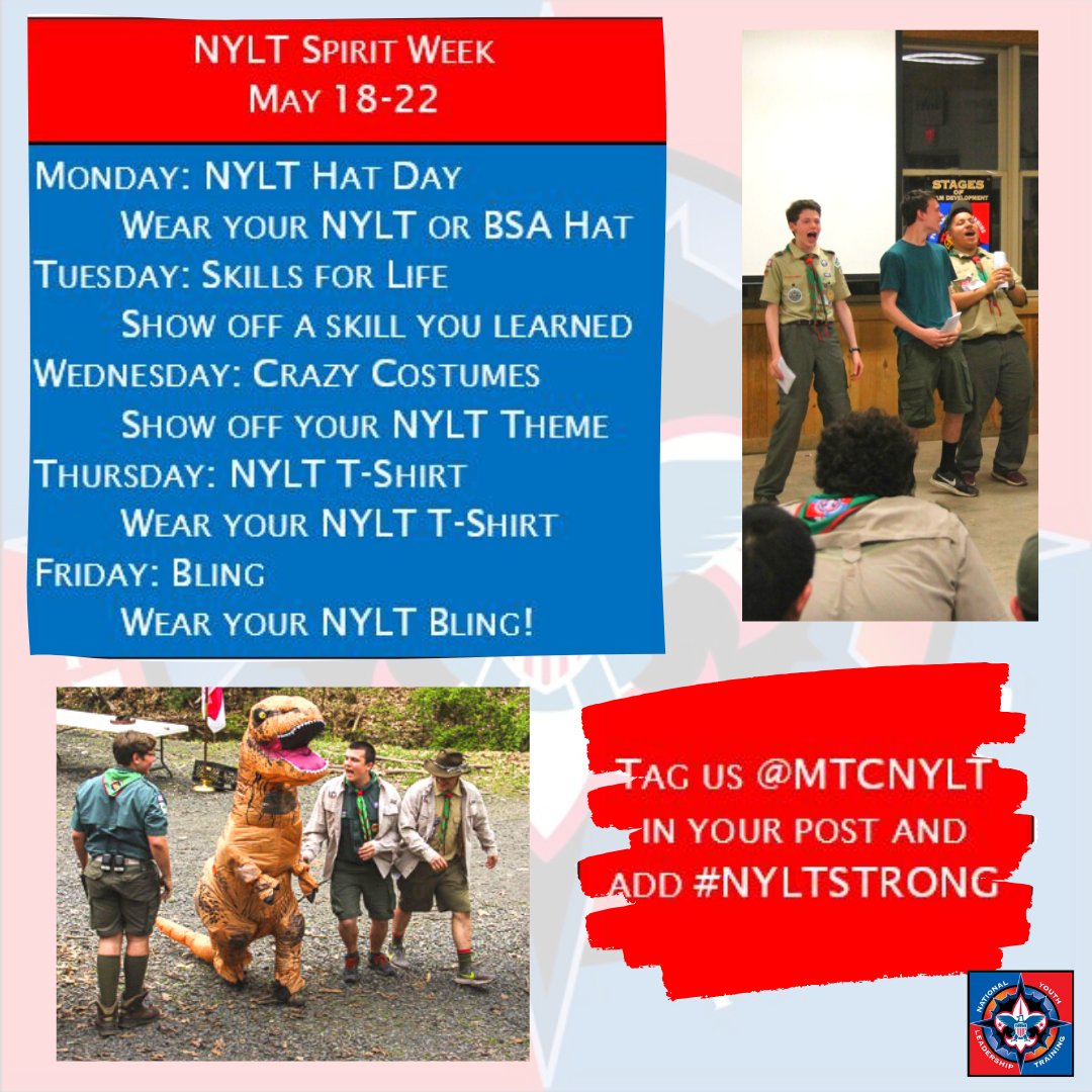 mtcnylt's tweet photo. We want to see Past and Present Staff members and Participants show off there NYLT Spirit the week of May 18-22!! NEXT WEEK! Take a pic of the item for that day of the week and tag us and add #NYLTSTRONG. Can't wait to see all the years of #NYLT #MTCNYLT #BSA @minsitrailsbsa https://t.co/eJ6yopaf1h