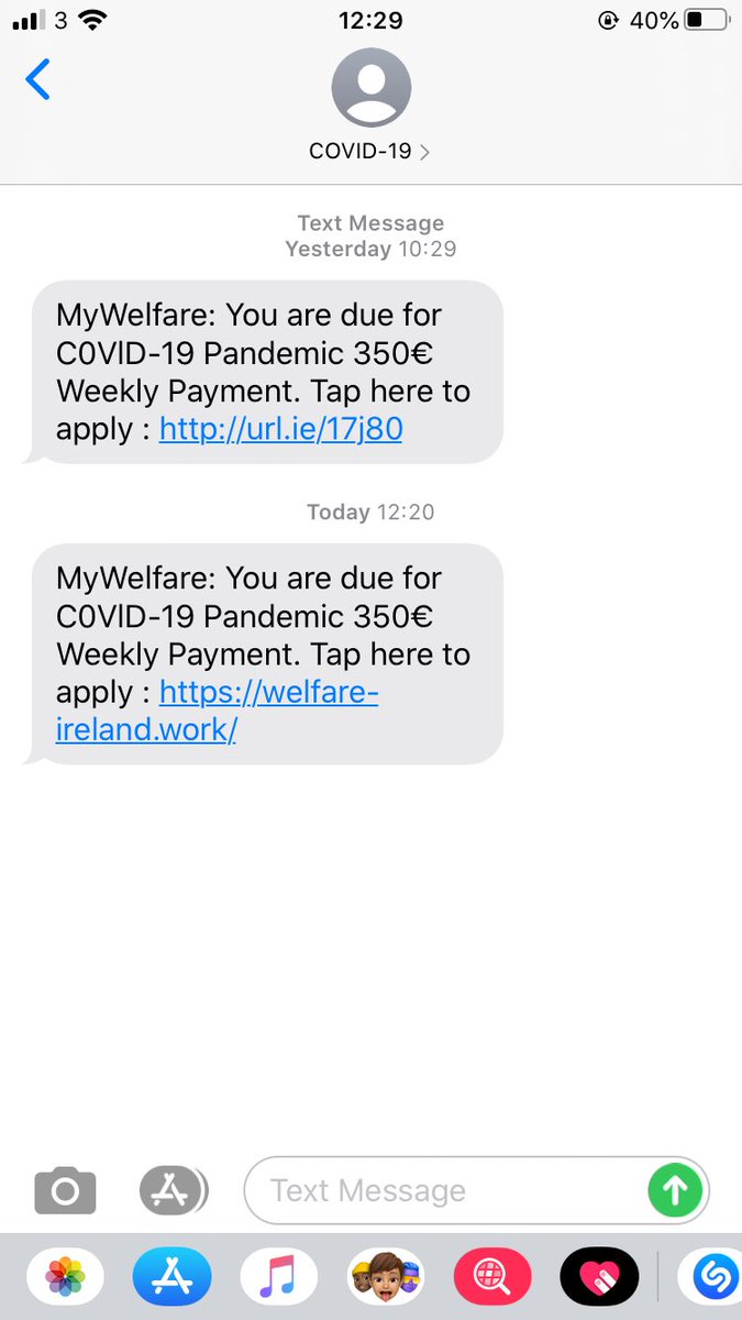 stef_cummins's tweet photo. Be careful. Scam Covid-19 payment text messages circulating asking people to input bank details for payment. #COVIDー19 @roinnslainte @SimonHarrisTD @LeoVaradkar https://t.co/bkVEL4UI1R