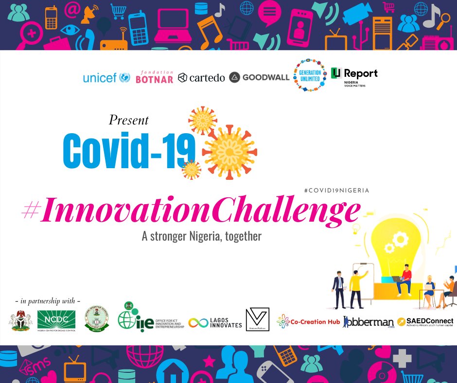 UNICEF_Nigeria's tweet photo. Do you have a groundbreaking idea to help combat the #COVID19 pandemic? 

Nigeria needs your solutions. Submit your ideas tomorrow!

#COVID19 #innovationchallenge #unicefinnovationchallenge #ureportnigeria #TakeResponsibility #StaySafeStayHome #FlattenTheCurve https://t.co/xhJvJorQv5