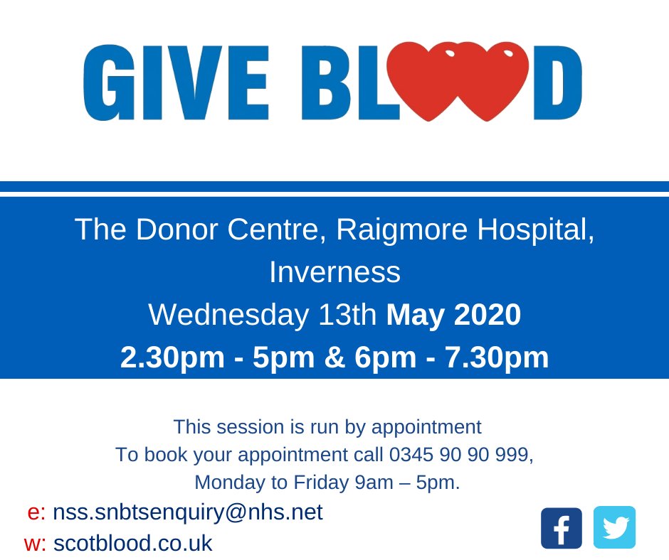 The Donor Centre at Raigmore Hospital has 65 new appointment slots available on Wednesday 13th May to allow people to boost our blood supplies. Blood donations are always in high demand and your contributions are appreciated.

To book your appointment, please call 0345 90 90 999