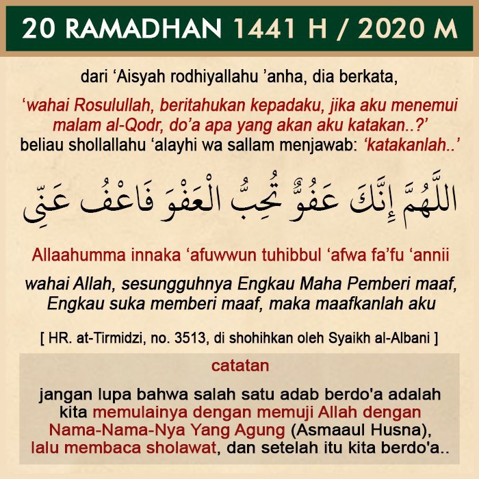 bbg_alilmu's tweet photo. 20 Ramadhan..
.
baca do'a di poster sesering mungkin di 10 malam terakhir ini.. karena kita tidak tau kapan datangnya malam Laylatul Qodr..
.
semoga Allah pertemukan kita dengan malam Laylatul Qodr.. gas pool ya..
.
#Ramadhan #dirumahaja #laylatulqadr #babakfinal https://t.co/WusbeGLqDn