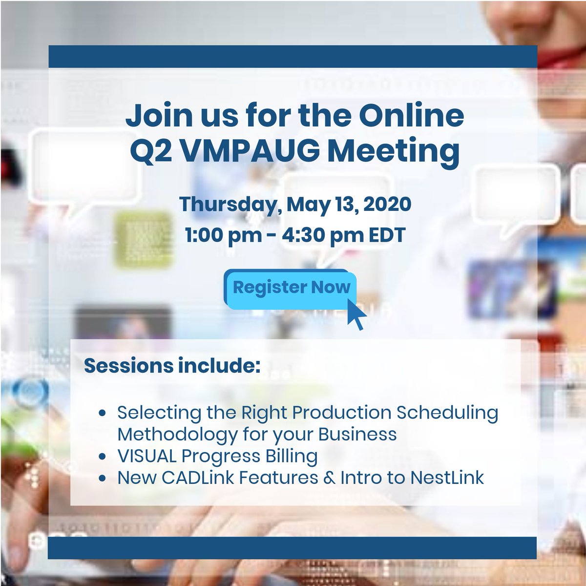SR_MFG_ERP's tweet photo. Join us tomorrow for the Online VMPAUG Meeting. The meeting is FREE and open to all #InforVISUAL users. Join us for an afternoon of educational sessions and networking with fellow VISUAL users. Sign up now - we look forward to connecting with you. https://t.co/5nYmeBdU6P https://t.co/JjqOoZNaUj