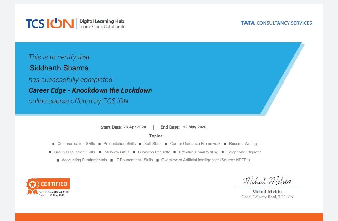 Sid_s77's tweet photo. Successfully completed TCS ion #careeredge #knockdown #the #lockdown course. Special thanks to @NavdeepakSandhu sir, for introducing me to this very nice course. A small step towards #seldevelopment. https://t.co/Zgc9oQcOw0