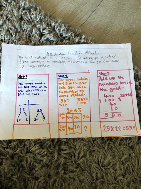 This child has been working on the grid method. Well done for showing the clear steps to take!